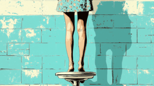 woman standing on scale in vintage minimillistic background