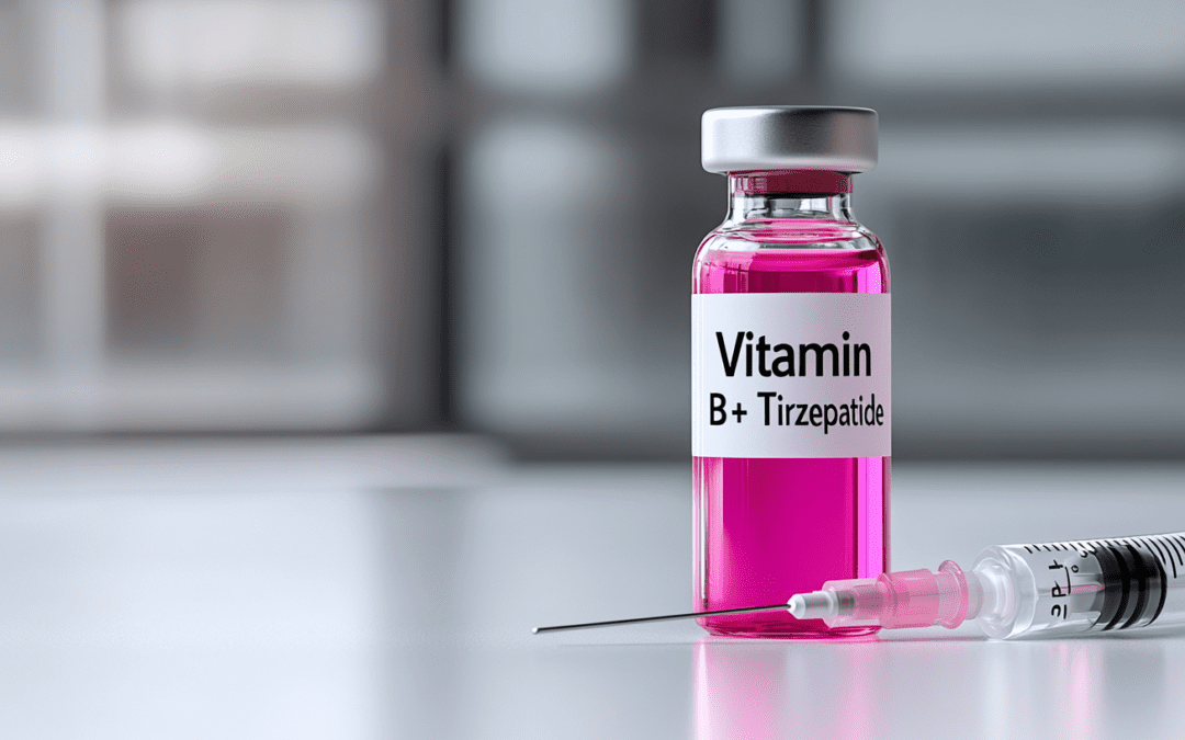 pink vial with a label that says vitamin B and tirzepatide