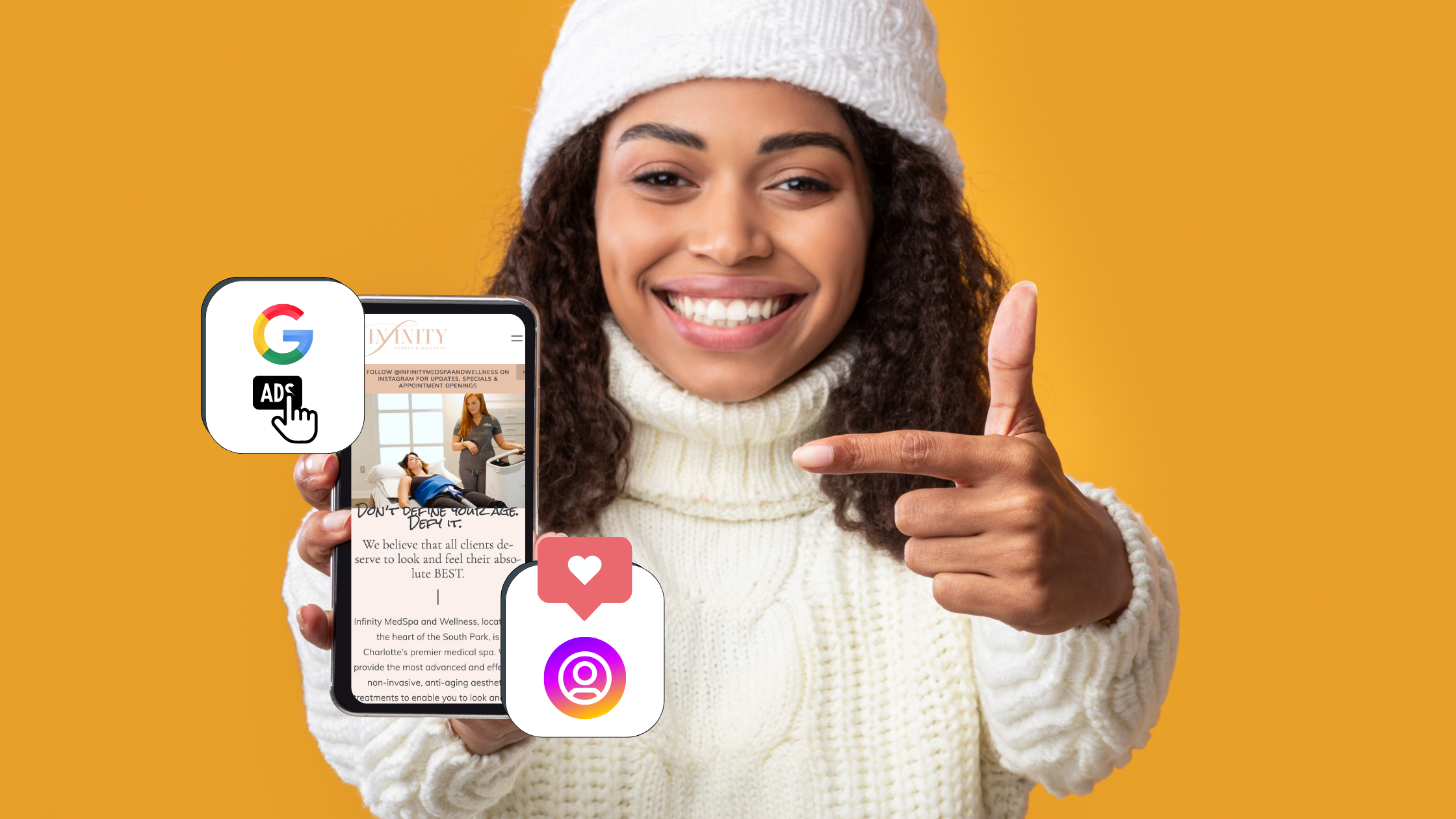 woman holding an iphone with a medspa website and pop outs of google ads and instagram likes