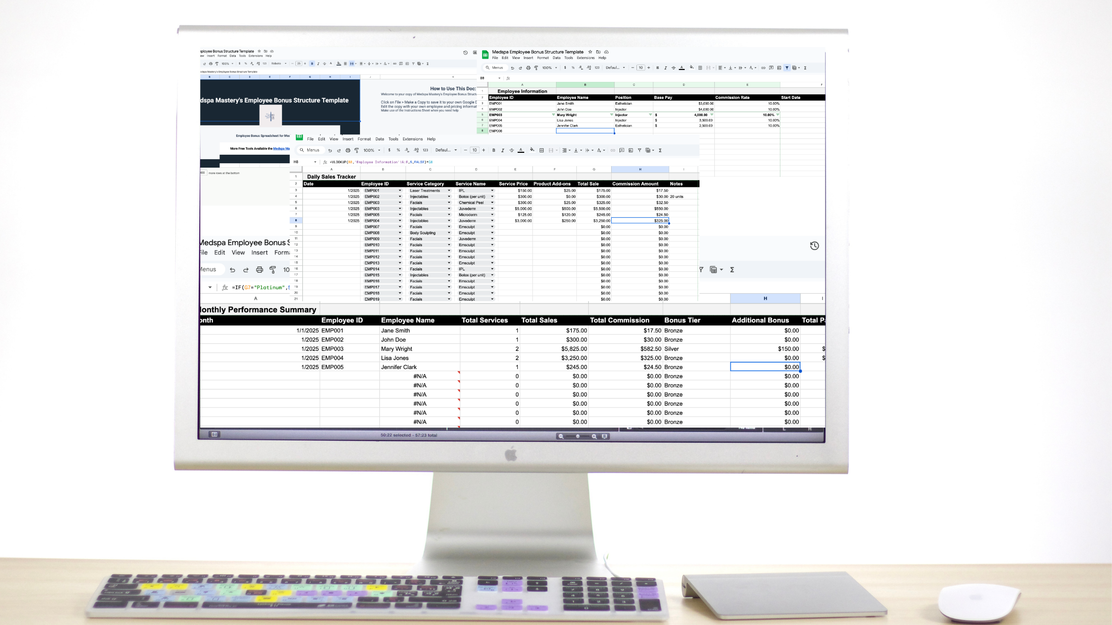 computer screen with medspa tracking spreadsheets