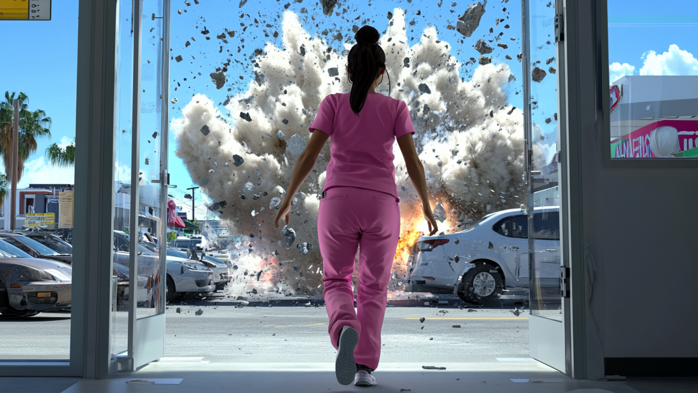 woman in pink scrubs walking into a parking lot with a car exploding