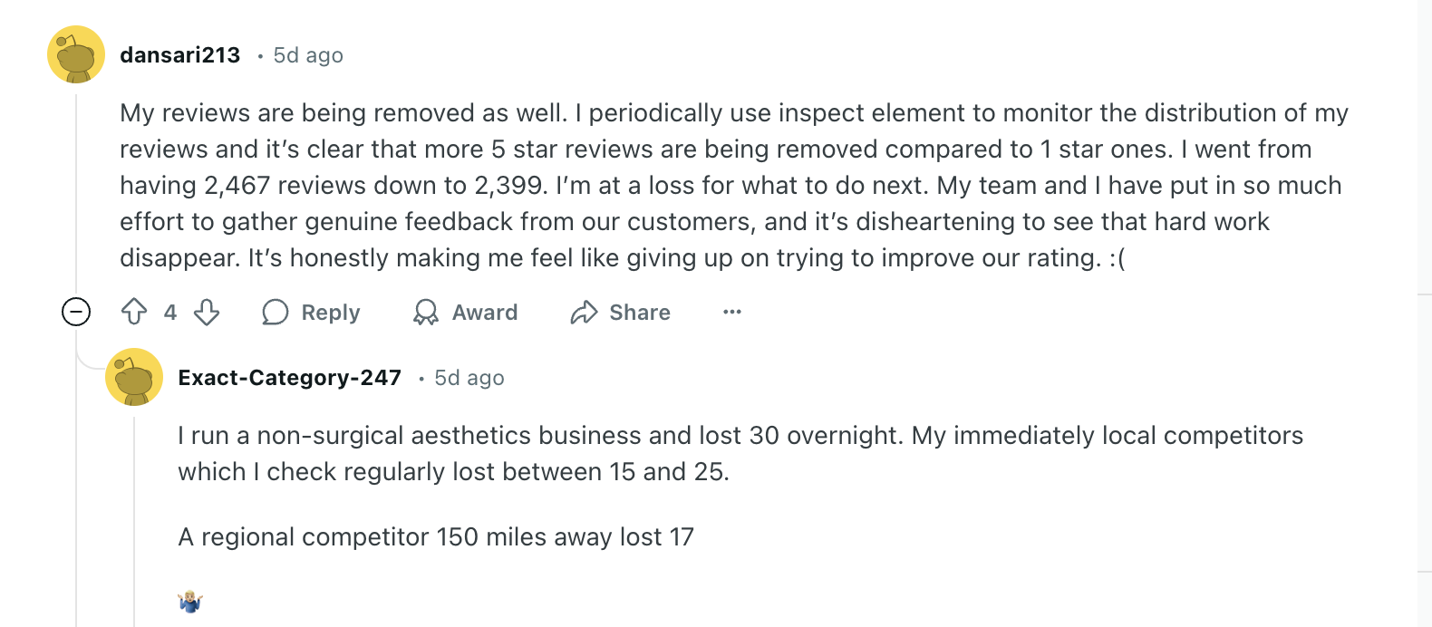 reddit convo about losing google reviews