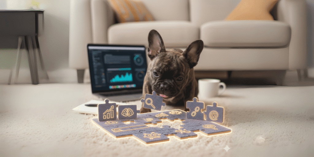 The New SEO Blueprint: Putting It All Together- Part 4 7 putting it all together - ai and seo by medspa mastery. French Bulldog putting together a puzzle