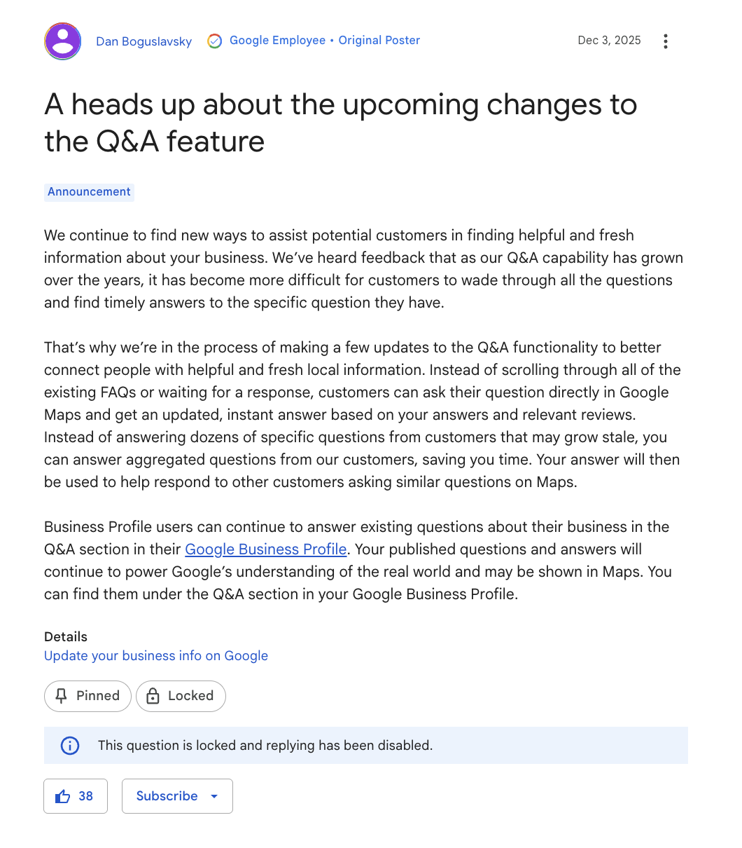Screenshot 2025-12-16 at 12.57.51 PM a note from google employee regarding new Q/A