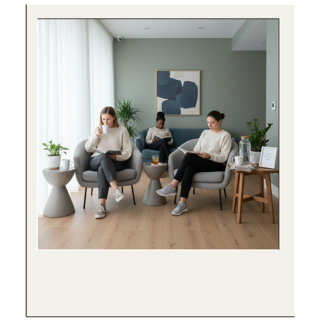 Quiet Company Hour layout example: calm lounge seating, tea station, and simple signage